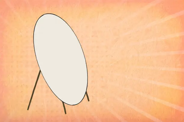 Vector illustration of Light pastel peach or beige colored scratched grunge textured effect half tone pattern wall with sunburst in background and one big white colour bordered oval circular vanity mirror shape os an easel on tripod or stand in the rays with copy space for text
