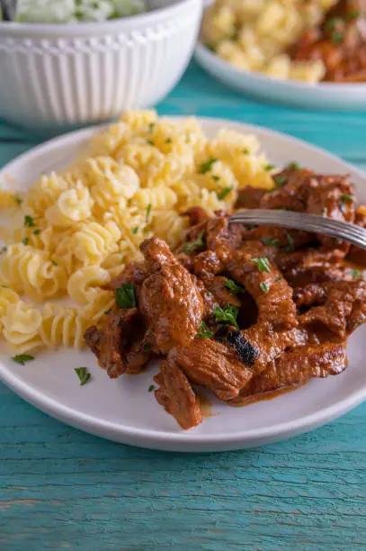 Traditional german geschnetzeltes. Striped meat in a delicious cream sauce. Served with pasta on a plate on colored background. Closeup