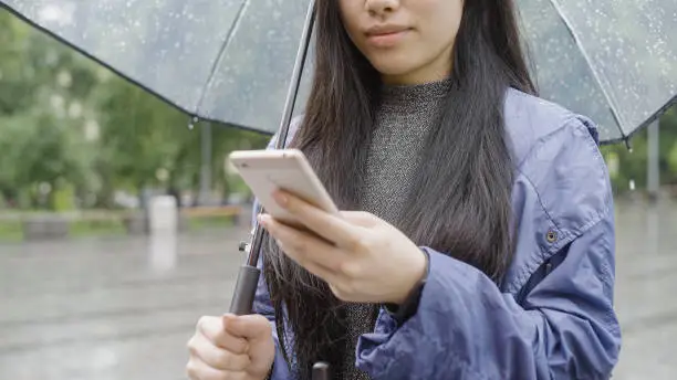 Young woman using smartphone while standing under umbrella, walking in the city