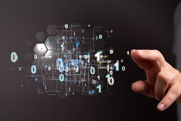 istock Hand pointing to digital binary codes - the concept of lines and futuristic data flow.3D rendering 1455205743