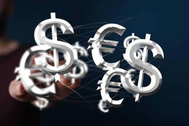 istock Male touching touching currency symbols in dark blue background 1455206572
