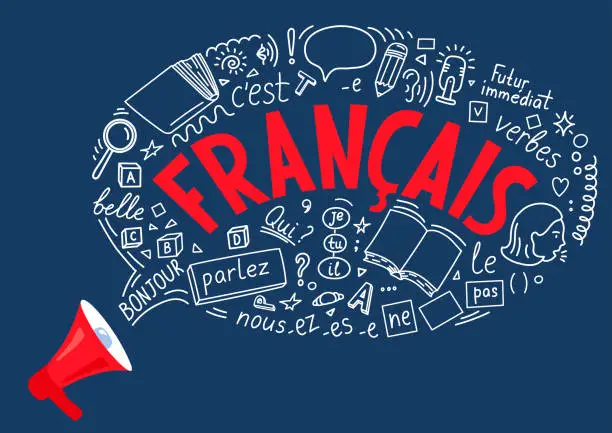 Vector illustration of Francais. Megaphone with language doodle bubble.