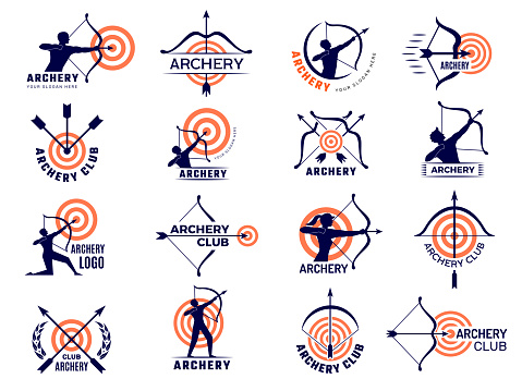 Sport archer. Business for archery sport club recent vector stylized label templates. Illustration of archer business