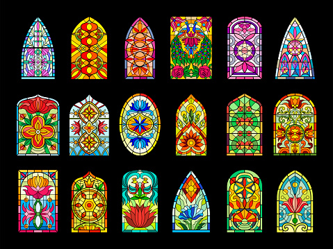 Stained glass windows. Decorative colored frames transparent glasses for church cathedral medieval windows recent vector templates of glass decorative design illustration