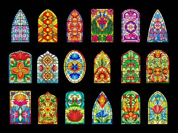 Stained glass windows. Decorative colored frames transparent glasses for church cathedral medieval windows recent vector templates Stained glass windows. Decorative colored frames transparent glasses for church cathedral medieval windows recent vector templates of glass decorative design illustration stained glass stock illustrations