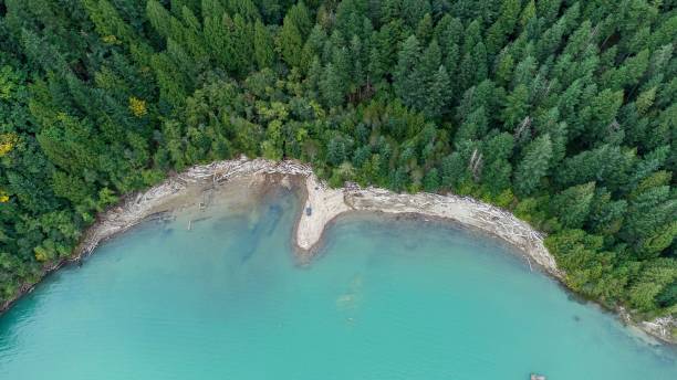 istock Aerial view of a calm lake surrounded by dense trees 1455208415