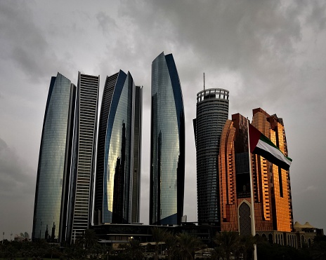 Skyscrapers in downtown Abu Dhabi on a cloudy da