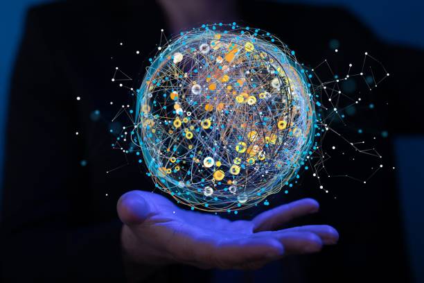 istock A 3D rendered ball with some technology networks symbol with a person behind explaining teamworking 1455210564