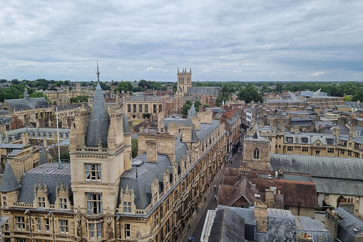 Cambridge, UK, June 15, 2022: Aerial view of the stunning architecture of Cambridge.