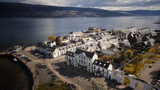 An aerial view of the Inveraray village in Hills of West Highlands, Scotland