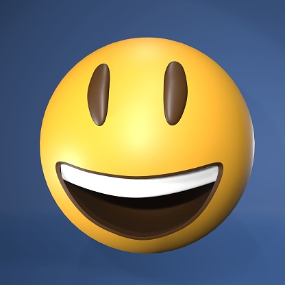 A 3D rendering of yellow happy emoji on blue background