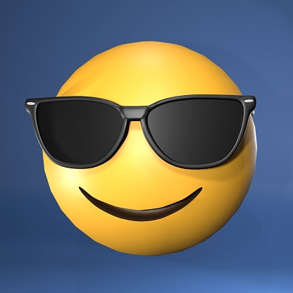 A vertical 3d rendering of a yellow emoji isolated on blue background. Smiling Face with Sunglasses.