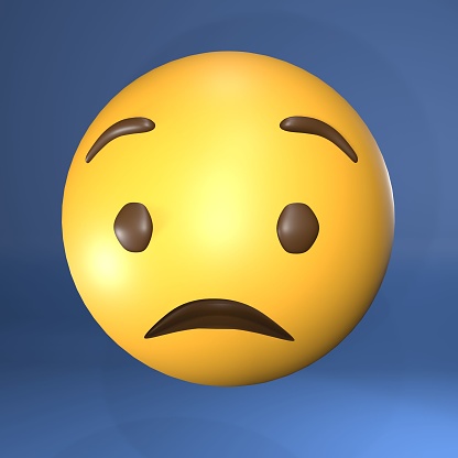 A vertical 3d rendering of a yellow emoji face isolated on blue background. Anguished Face.