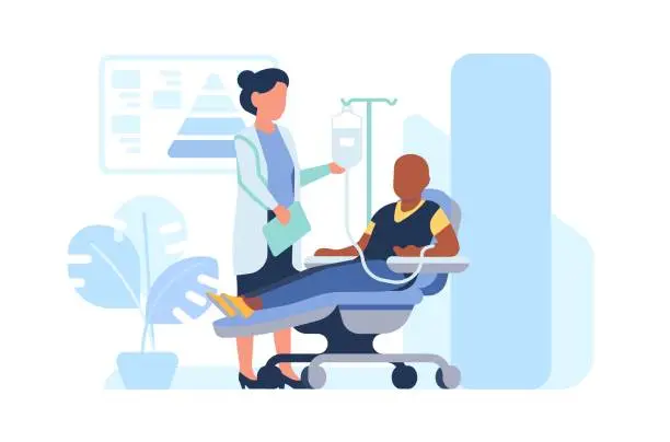 Vector illustration of Man suffering from cancer disease. Patient receiving chemotherapy under care of physician. Hospital treatment. Oncology sickness. Ill male lying on bed with medical dropper. Vector concept