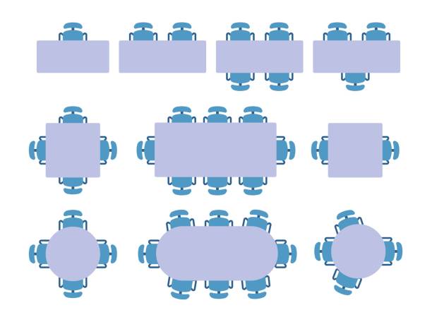 Square tables with office chairs top view. Employee workplace. Round or rectangular desktops with armchairs. Business meeting. Conference and negotiation room. Vector isolated desks set Square tables with office chairs top view. Employee workplace. Round or rectangular desktops with armchairs. Empty seat. Business meeting. Conference and negotiation room. Vector isolated desks set pub table top view stock illustrations