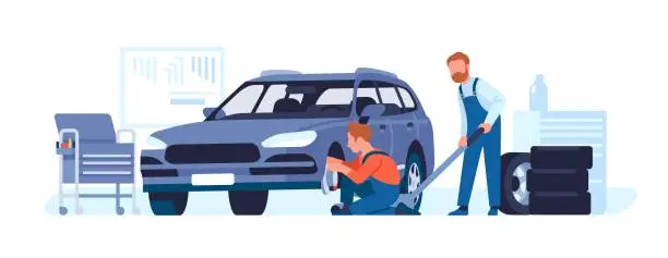 Vector illustration of Tire fitting. Automobile workshop. Mechanic changing tyre. Repair service. Workman fixing transport maintenance. Auto wheels replacement. Vehicle assistance station. Vector concept