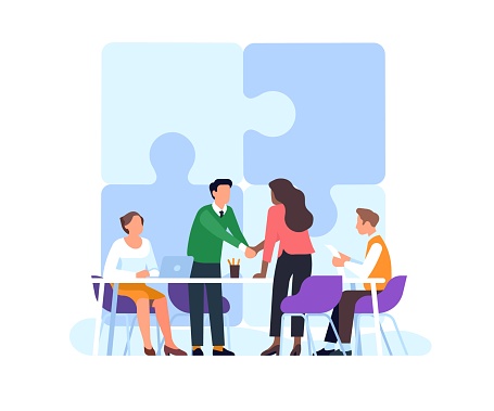Two business people shaking hands. Assembled puzzle above them symbol of agreement. Negotiation success. Partners cooperation. Corporate deal. Jigsaw pieces connection. Office meeting. Vector concept