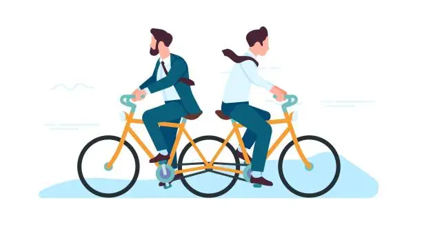 Vector illustration of Two businessmen cycling in opposite directions. Different path. Conflict in office team. People riding bikes. Dispute and workers disagreement. Inefficient teamwork. Vector concept