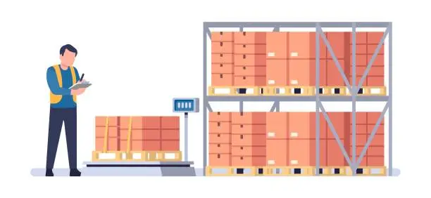 Vector illustration of Warehouse worker checks goods on pallets. Man controls boxes shipment. Merchandise shipping in storehouse. Crates on scales. Freight distribution. Logistics management. Vector concept