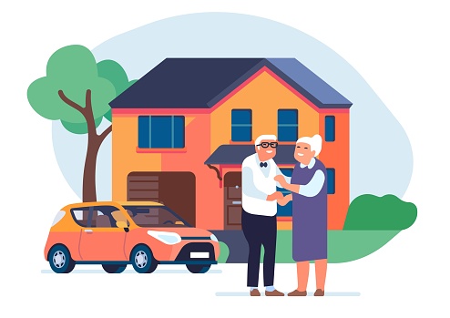 Old couple with house. Senior family standing in front of mansion. Home and car. Grandparents townhouse. Elderly people happiness. Residential building facade. Retired wife and husband. Vector concept