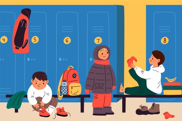 Kids changing clothes. Children in locker room. Elementary school students preparing for physical education. Boys putting socks and boots. People dressing warm coats. Garish vector concept Kids changing clothes. Children dress up in locker room. Elementary school students preparing for physical education. Boys putting socks and boots. People dressing warm coats. Garish vector concept boy getting dressed for school stock illustrations