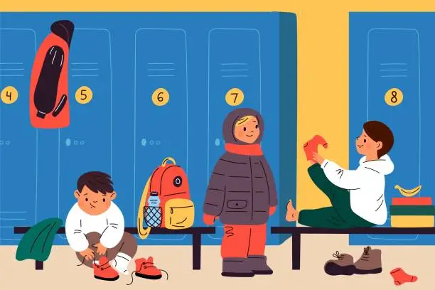 Vector illustration of Kids changing clothes. Children in locker room. Elementary school students preparing for physical education. Boys putting socks and boots. People dressing warm coats. Garish vector concept