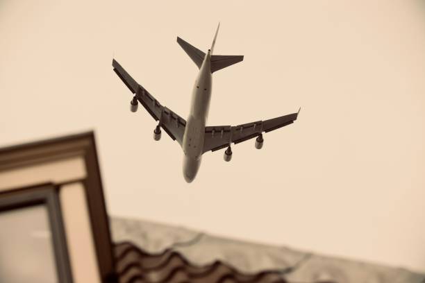 istock Low angle view of an airplane flying in the sky on a blurred background 1455213808