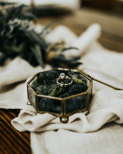 istock Closeup of a vintage box with rings on a table 1455214254