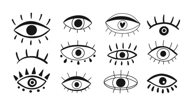 ilustraciones, imágenes clip art, dibujos animados e iconos de stock de conjunto de elementos de diseño del logotipo de garabatos de ojos - ilustraciones de azteca logo
