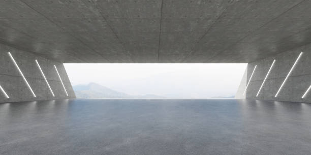 istock 3d render of empty concrete room with large window on mountain background. 1455215776