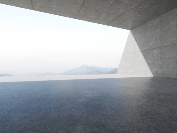 istock 3d render of empty concrete room with large window on mountain background. 1455215781