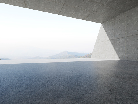 3d render of empty concrete room with large window on mountain background.
