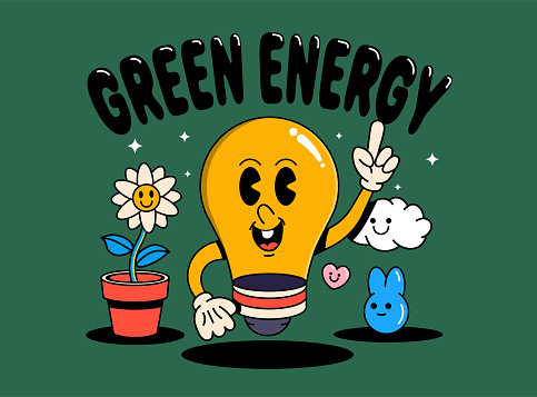 Funny cartoon character of Lightbulb. Can be used as Sticker, posters, prints. The comic elements in trendy retro cartoon style. Vector illustration