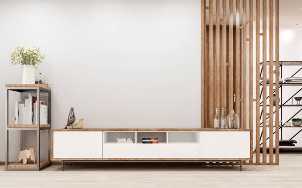 istock Modern living room with a cabinet and paneled wall divider 1455226806