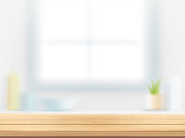 ilustrações de stock, clip art, desenhos animados e ícones de wooden kitchen table against a blurred window. - cutting board cooking wood backgrounds