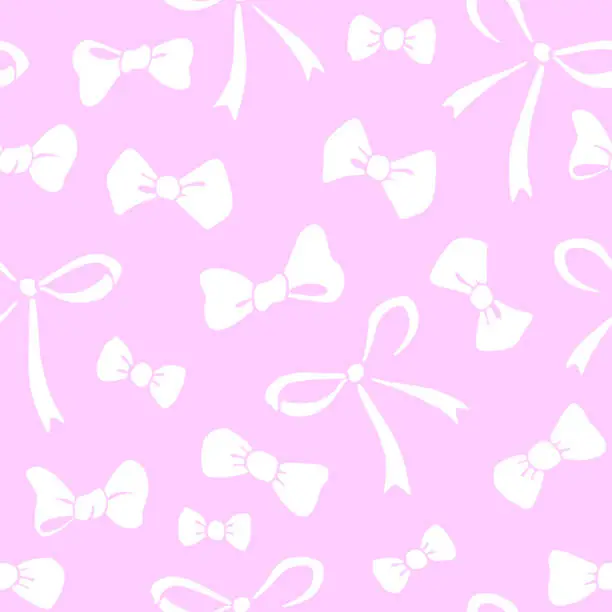 Vector illustration of Seamless pattern with different white flat bows, ribbons isolated on pink background. Cute fun simple abstract vector texture for fabric, wrapping paper, girls design