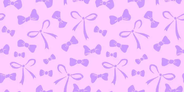 Vector illustration of Seamless pattern with different purple flat bows, ribbons. Cute fun simple abstract vector background, texture for fabric, wrapping paper, girls design