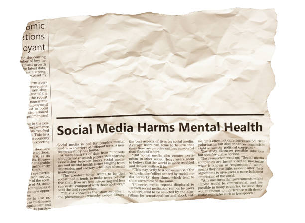 newspaper clipping with headline and article about social media harming mental health, with space for your copy - newspaper the media paper blank imagens e fotografias de stock