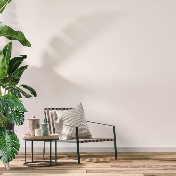 istock Empty cozy retro interior with a chair and potted plants, 70 - 80s decoration 1455229835