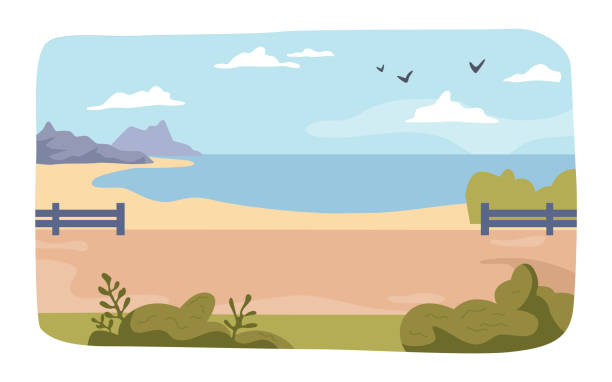 ilustraciones, imágenes clip art, dibujos animados e iconos de stock de paisaje marino con cordillera y arbustos, viaje al mar. escena de la naturaleza con pájaros voladores y cielo despejado. lugar de vacaciones de verano, vista natural. vector en estilo plano - bay