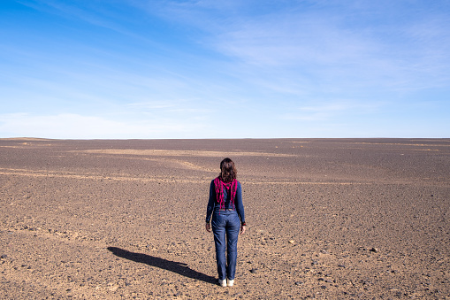 A person observes the horizon line in a deserted wasteland. The prospect of loneliness or the fear of being alone causes anxiety in many people.