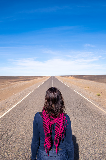 Lone person with his back turned watches from a road the escape to the horizon in a desert wasteland. The idea of loneliness provokes anxiety in some people.