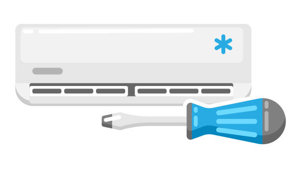 ilustracja naprawy klimatyzatora. ikona lub obraz dla przemysłu i biznesu. - air air conditioner electric fan condition stock illustrations