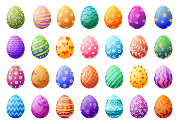Cartoon Easter surprise eggs. Spring holiday egg hunt chocolate egg, traditional painted eggs flat vector illustration set. Easter colorful egg collection Cartoon Easter surprise eggs. Spring holiday egg hunt chocolate egg, traditional painted eggs flat vector illustration set. Easter colorful egg collection egg stock illustrations