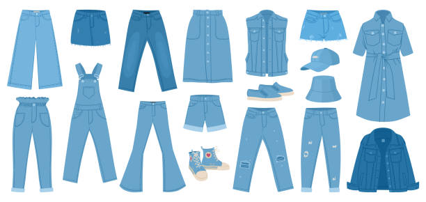 illustrazioni stock, clip art, cartoni animati e icone di tendenza di vestiti da cartone animato. pantaloni jeans cartone animato, giacca casual, gonna e vestito, indumenti in tessuto denim set di illustrazioni vettoriali piatte. collezione di abbigliamento jean - pocket suit glasses jacket