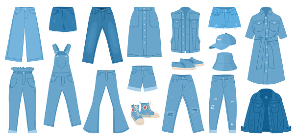 Cartoon clothes. Cartoon jeans pants, casual jacket, skirt and dress, denim fabric garments flat vector illustration set. Jean apparel collection