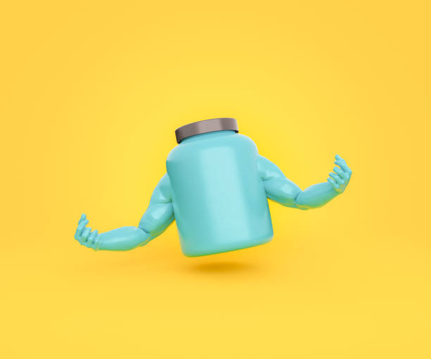istock Plastic jar of protein powder with strong arms 1455234638