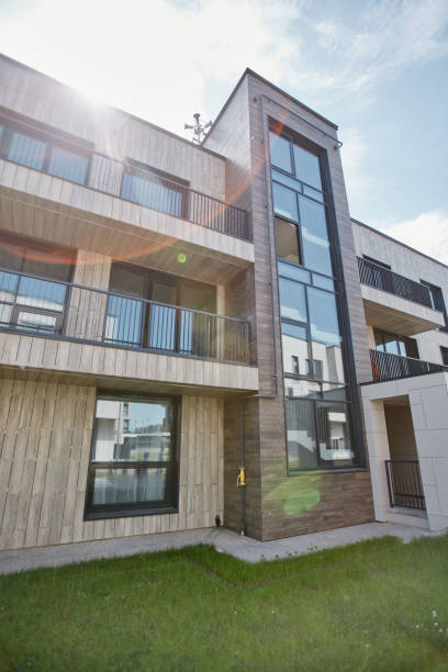 of modern apartment building with lens flare