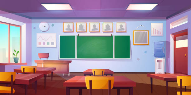 Cartoon empty classroom interior with blackboard, wooden tables and chairs Cartoon empty classroom. Education school or college class interior with green blackboard, teacher and pupil tables, wooden chairs. Room for studying with clock hanging on wall, posters, water cooler. classroom stock illustrations