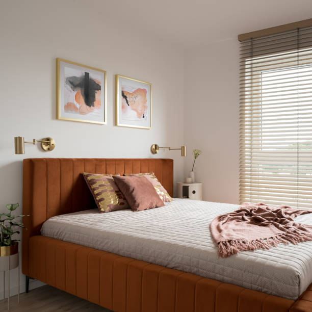istock Elegant bedroom with bed in velvet frame 1455236080